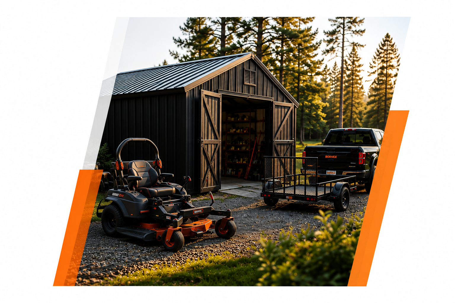 Borvex lawn equipment, storage shed and utility trailer
