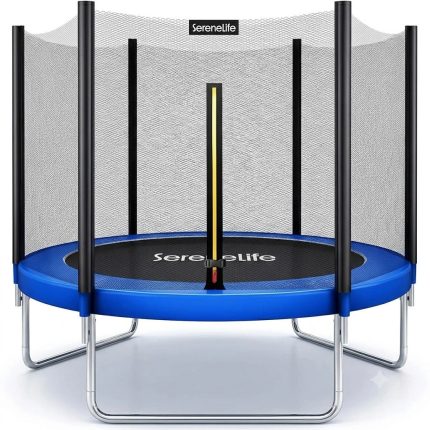 SereneLife 8FT 10FT 12FT 14FT Outdoor Trampoline for Kids – Recreational Backyard Trampoline with Curved Safety Poles and Net Enclosure- ASTM Approval for Kids Adults